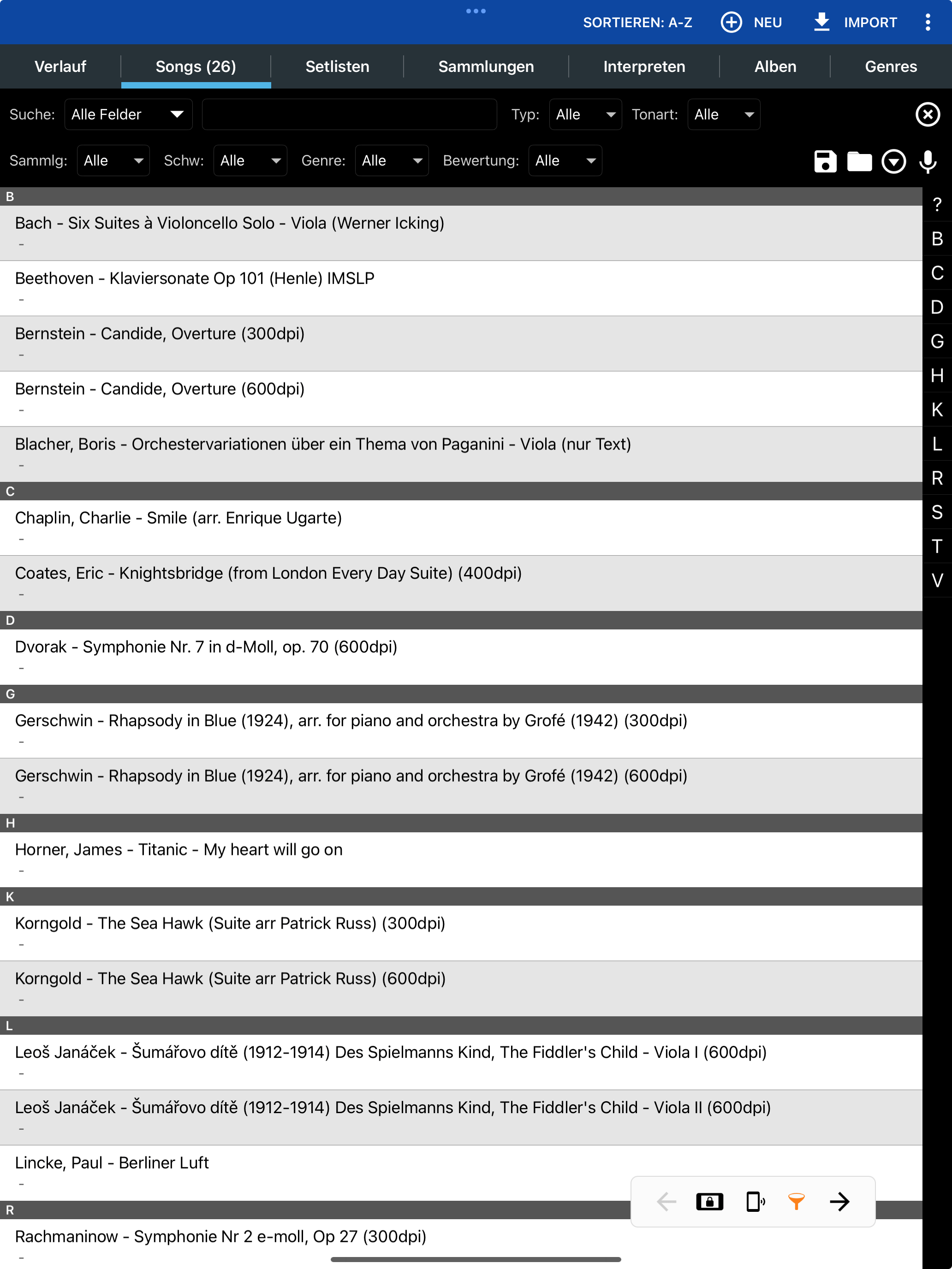 MobileSheets auf dem iPad - Notelese-Anwendung, digitale Notenbibliothek-Verwaltung